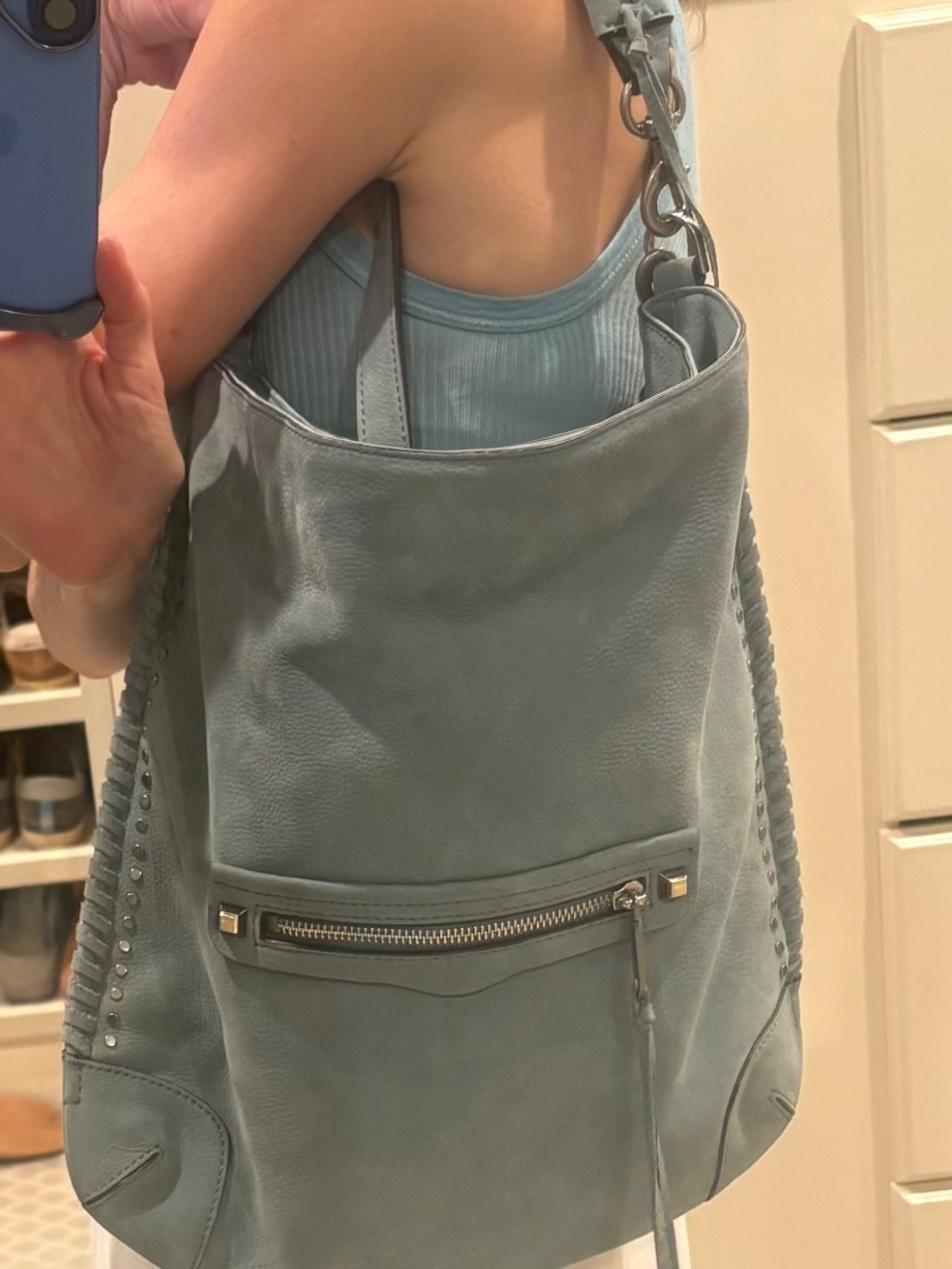 Rebecca Minkoff Blue Nubuck Leather Hobo Bag Studded Whipstitch new, never used - Picture 10 of 10